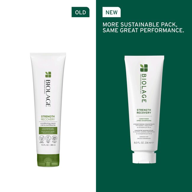 Comparison of an old and new Biolage Strength Recovery conditioner packaging.