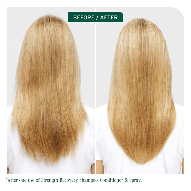 Before and after comparison of hair using Strength Recovery Shampoo, Conditioner & Spray.