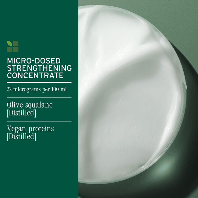 Micro-dosed strengthening concentrate with olive squalane and vegan proteins on a green background