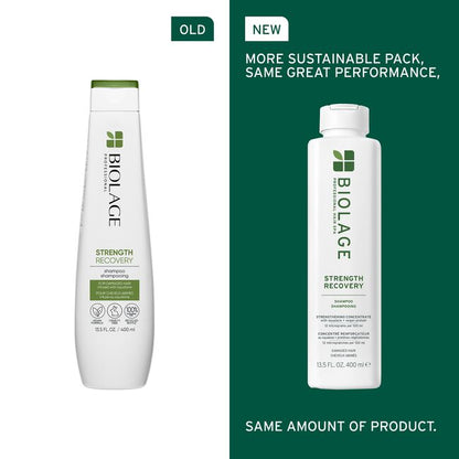Comparison of an old and new Biolage shampoo bottle on a green background