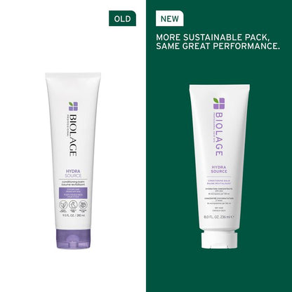 Comparison of Biolage Hydra Source product in old and new packaging on a green and white background.