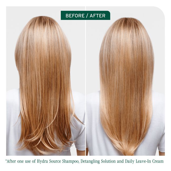 Before and after comparison of hair using Hydra Source products on a white background