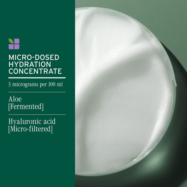 Micro-dosed hydration concentrate with aloe and hyaluronic acid on a green background