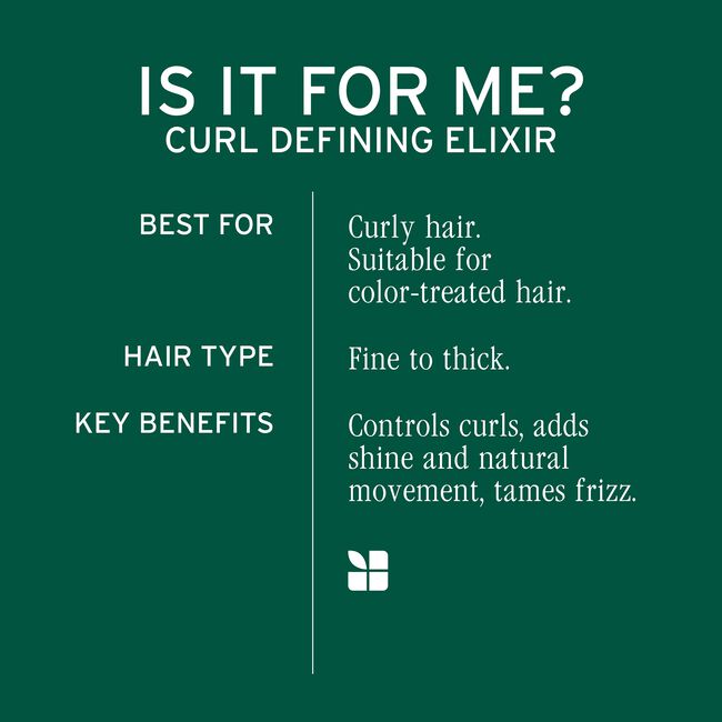 Product description card for a curl defining elixir on a green background