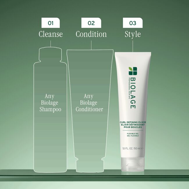 Biolage shampoo, conditioner, and styling product with step-by-step guide on a green background