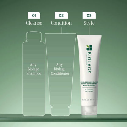 Biolage shampoo, conditioner, and styling product with step-by-step guide on a green background