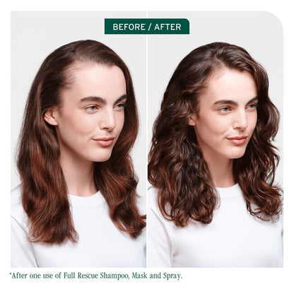 Before and after comparison of hair using Full Rescue Shampoo, Mask, and Spray on a white background.