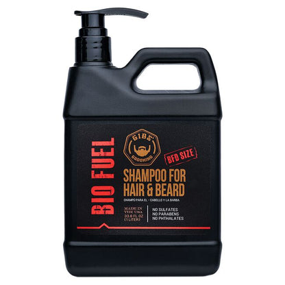 Black bottle of Bio Fuel Shampoo for Hair & Beard on a white background