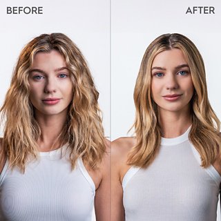 Before and after comparison of a woman with styled hair.