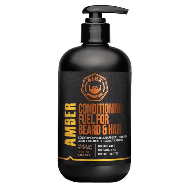 Black bottle of 'Amber Conditioning Fuel for Beard & Hair' with a pump on a white background
