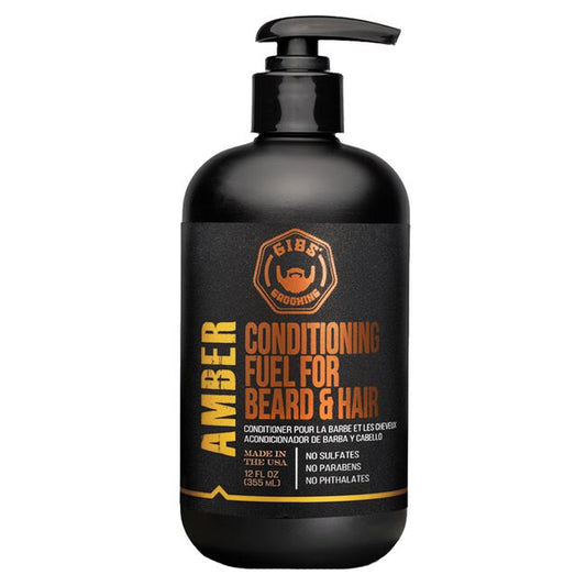 Black bottle of 'Amber Conditioning Fuel for Beard & Hair' with a pump on a white background