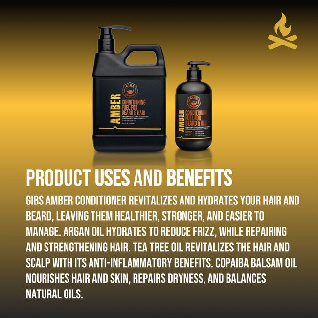 Two bottles of Gibbs Amber conditioner on a yellow background with product uses and benefits text.