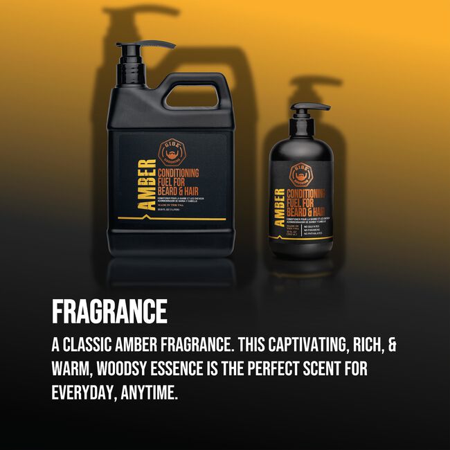 Two black pump bottles of Beard Care Conditioner Fuel for Beard & Hair, one large jerrycan and one smaller bottle, shown against a warm amber-to-black gradient background with text describing the fragrance.