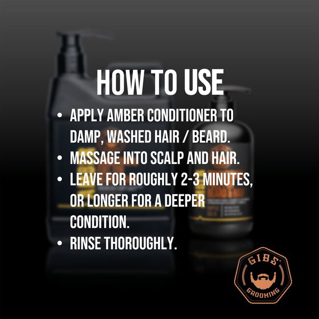 Instruction graphic showing two grooming bottles with a dark gradient background and white text reading 'HOW TO USE' and usage steps for amber conditioner. A Gibbs Grooming logo appears in the lower right corner.