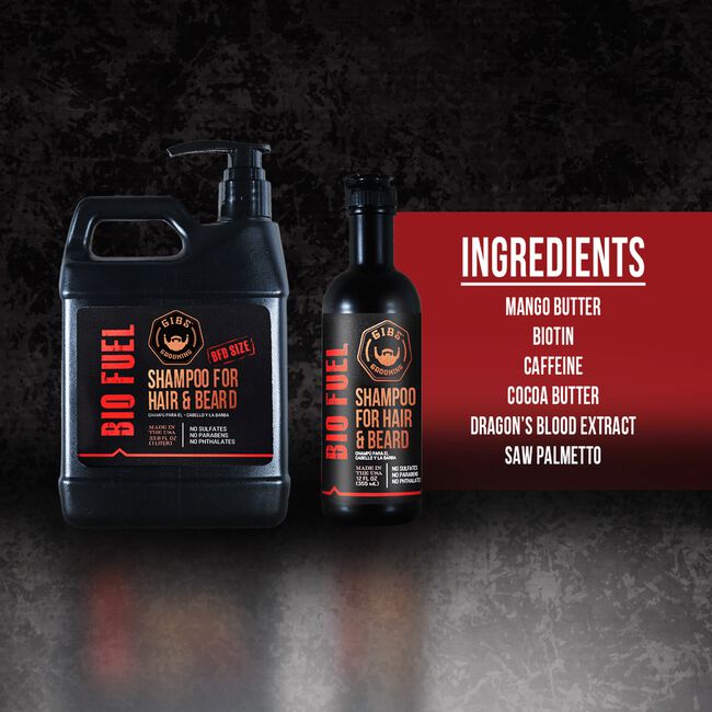A large black shampoo jug and a smaller black beard shampoo bottle labeled Bio Fuel by Hair & Beard, shown on a dark textured background with a red panel listing ingredients.
