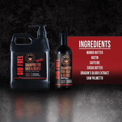 A large black shampoo jug and a smaller black beard shampoo bottle labeled Bio Fuel by Hair & Beard, shown on a dark textured background with a red panel listing ingredients.