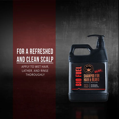 A large black plastic pump bottle of DYE BIO FUEL Shampoo for Hair & Beard, displayed on a dark textured background next to a dark red text panel.