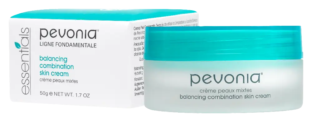 Pevonia balancing combination skin cream jar with packaging on a white background
