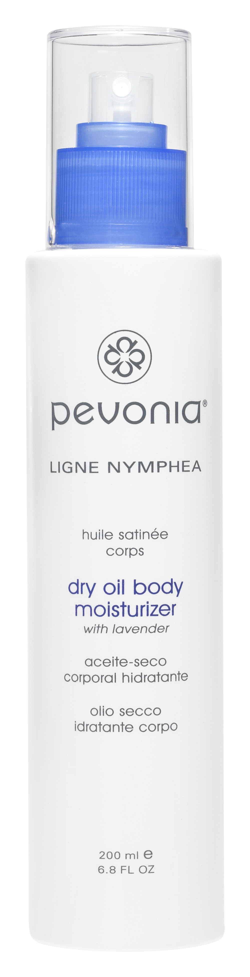 Pevonia dry oil body moisturizer bottle with lavender on a white background