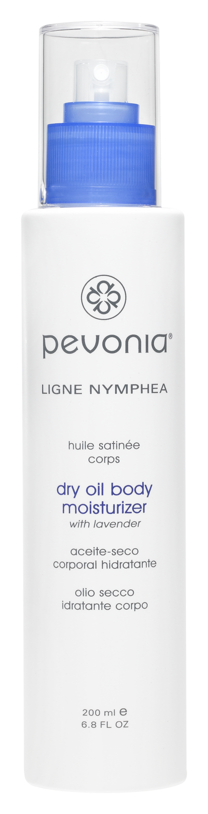 Pevonia dry oil body moisturizer bottle with lavender on a white background