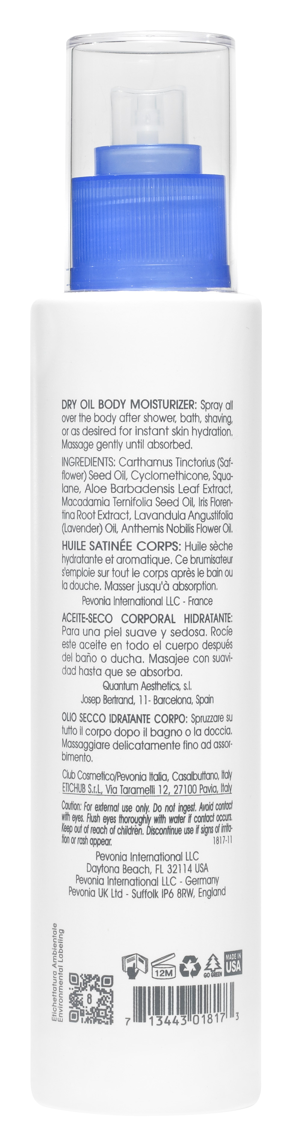 Back view of a bottle with text and a blue cap