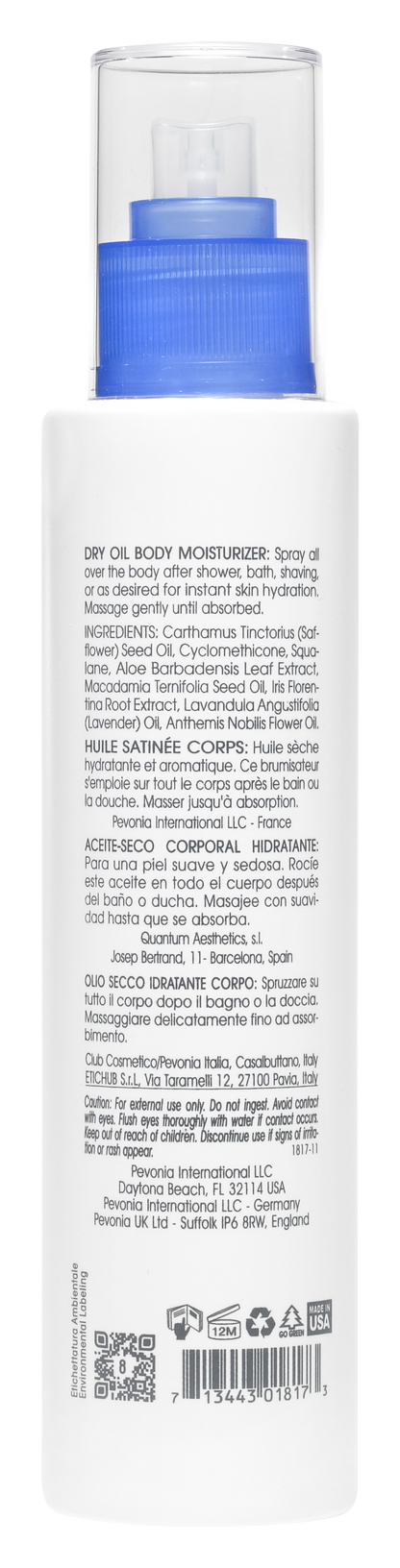 Back view of a bottle with text and a blue cap