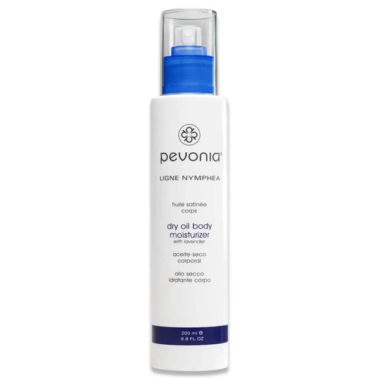 Pevonia dry oil body moisturizer bottle on a white background