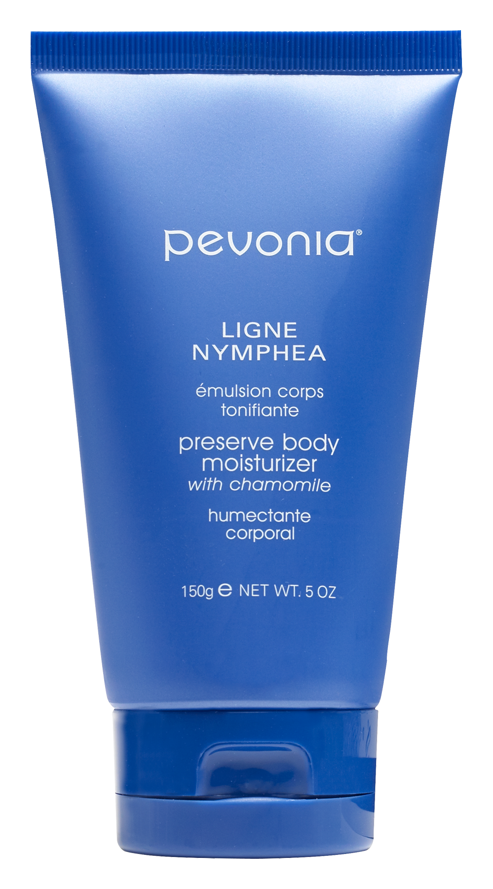 Blue tube of Pevonia body moisturizer on a white background