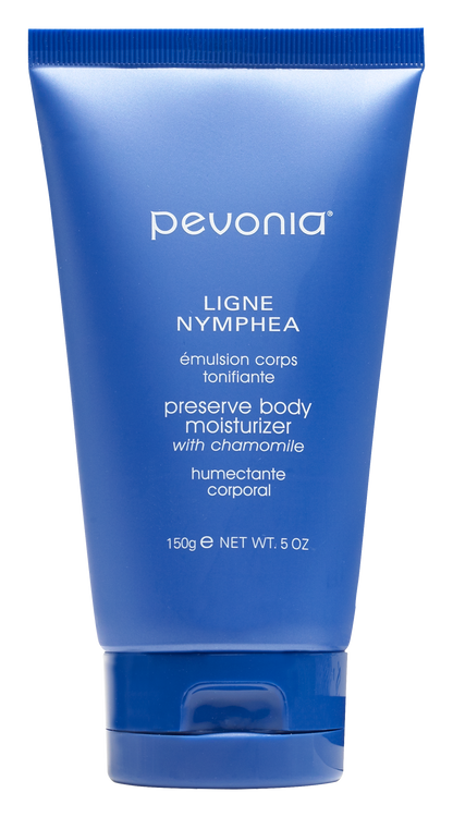 Blue tube of Pevonia body moisturizer on a white background
