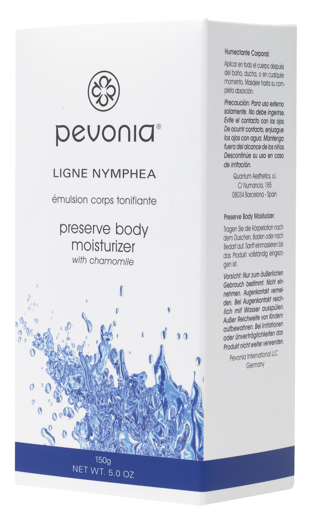 Pevonia body moisturizer packaging with blue and white design