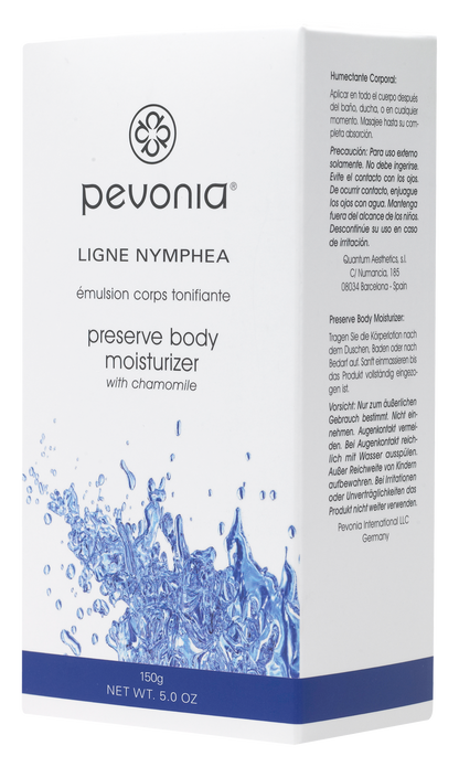 Pevonia body moisturizer packaging with blue and white design