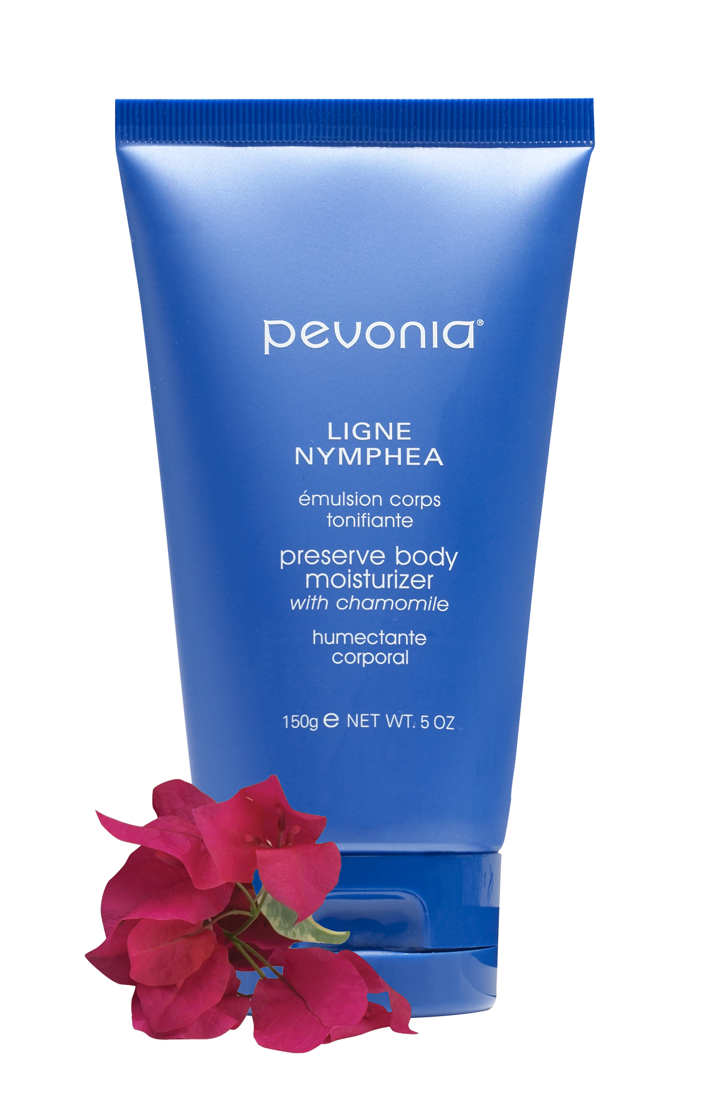 Pevonia body moisturizer with a pink flower on a white background