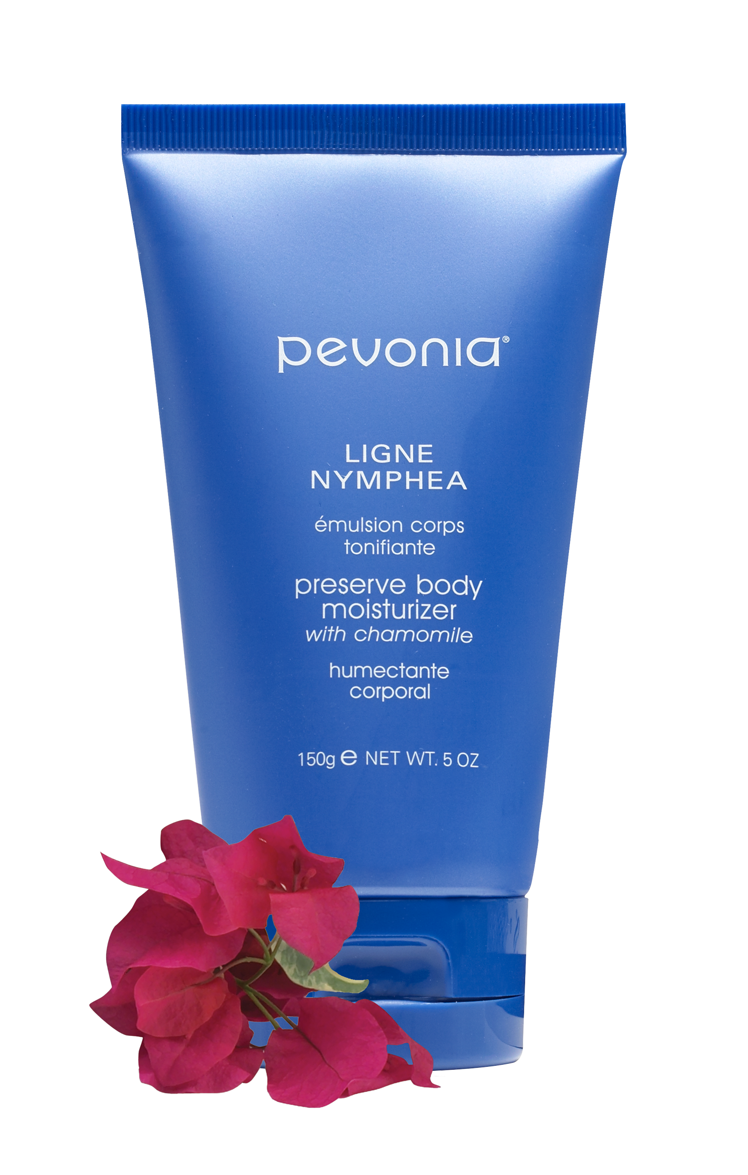 Pevonia body moisturizer with a pink flower on a white background