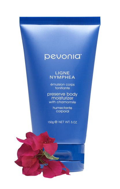 Pevonia body moisturizer with a pink flower on a white background