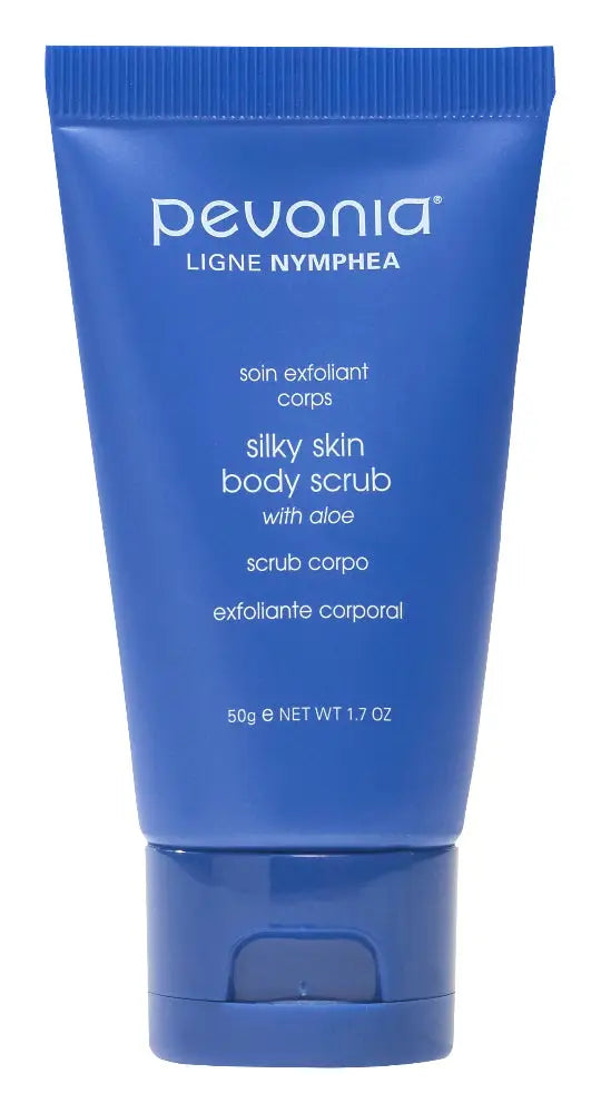 Blue tube of Pevonia body scrub on a white background
