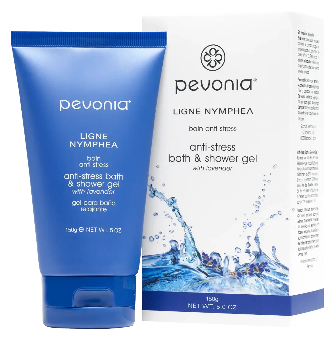 Pevonia anti-stress bath and shower gel with blue and white packaging on a white background