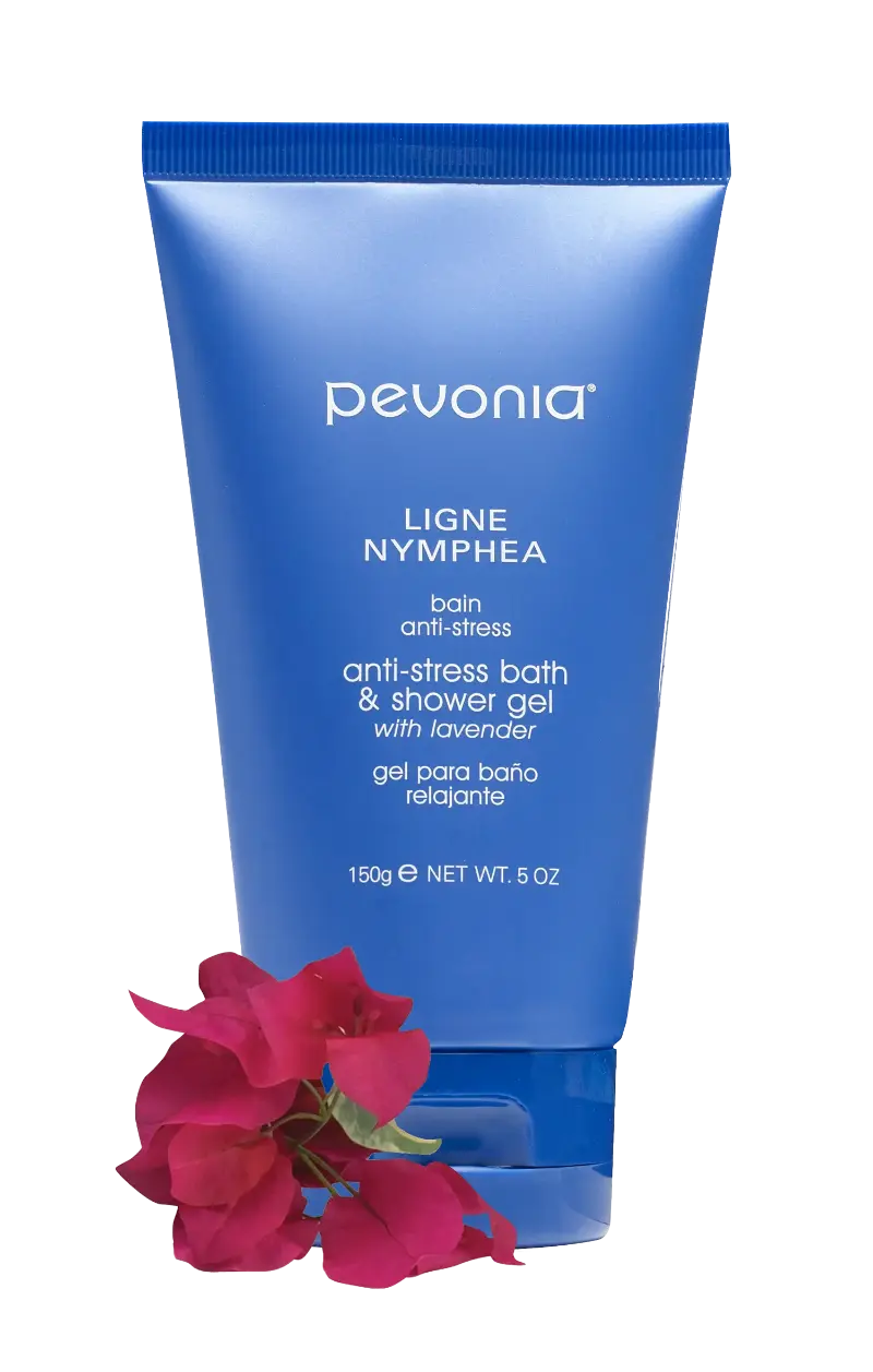Pevonia Anti Stress shower gel bottle with red flower