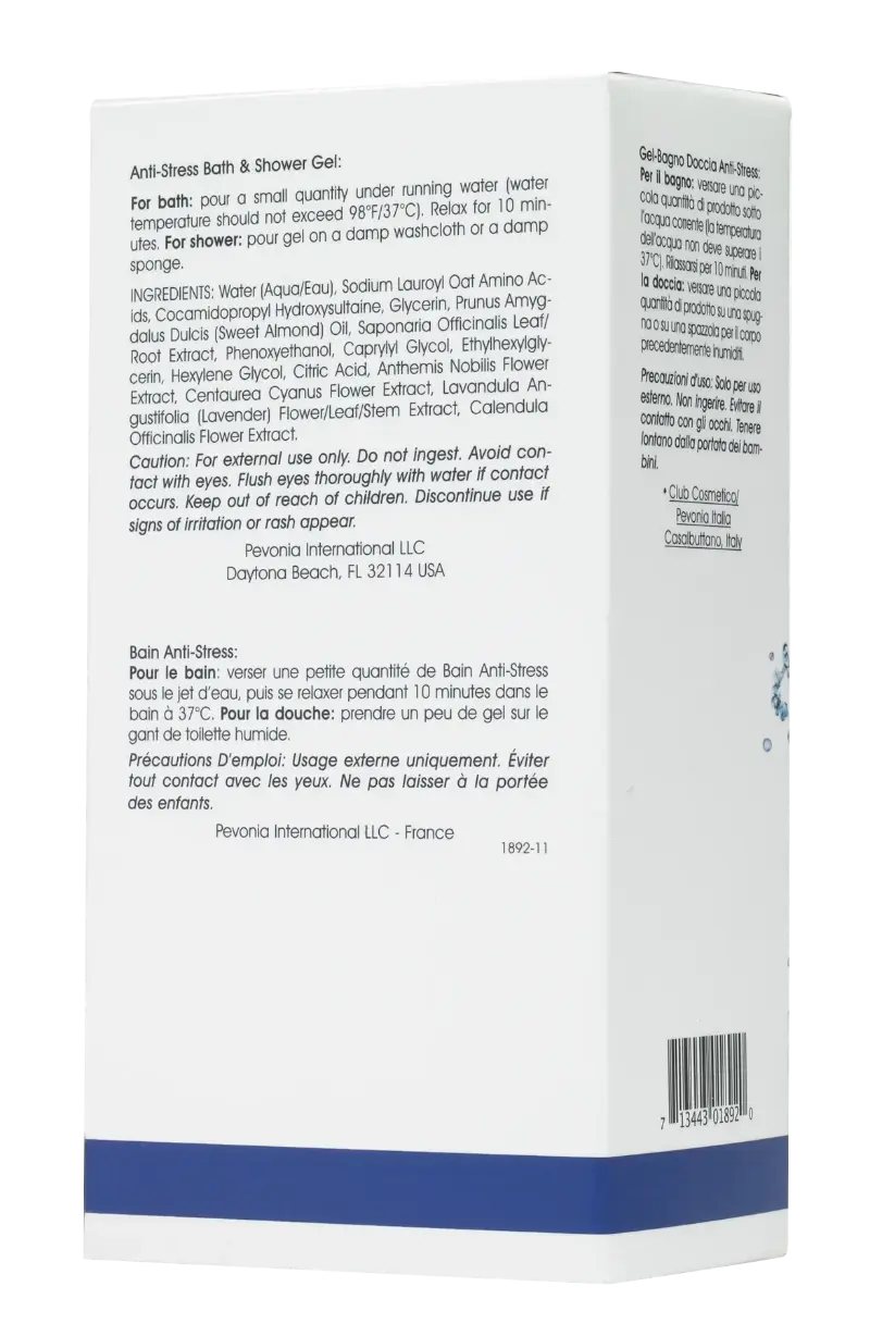 Back of a bath and shower gel packaging with text and a blue stripe.