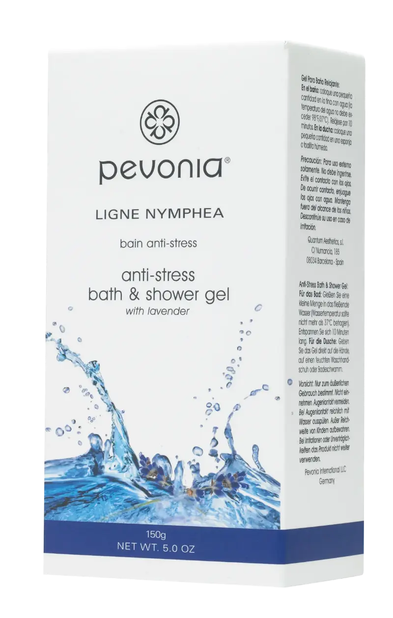 Pevonia anti-stress bath and shower gel packaging with water splash design on a white background