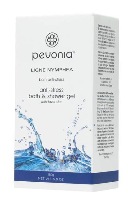 Pevonia anti-stress bath and shower gel packaging with water splash design on a white background