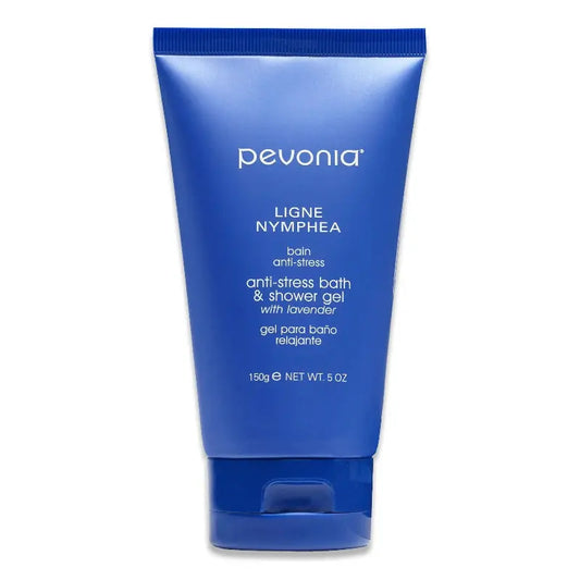 Blue tube of Pevonia anti-stress bath and shower gel on a white background