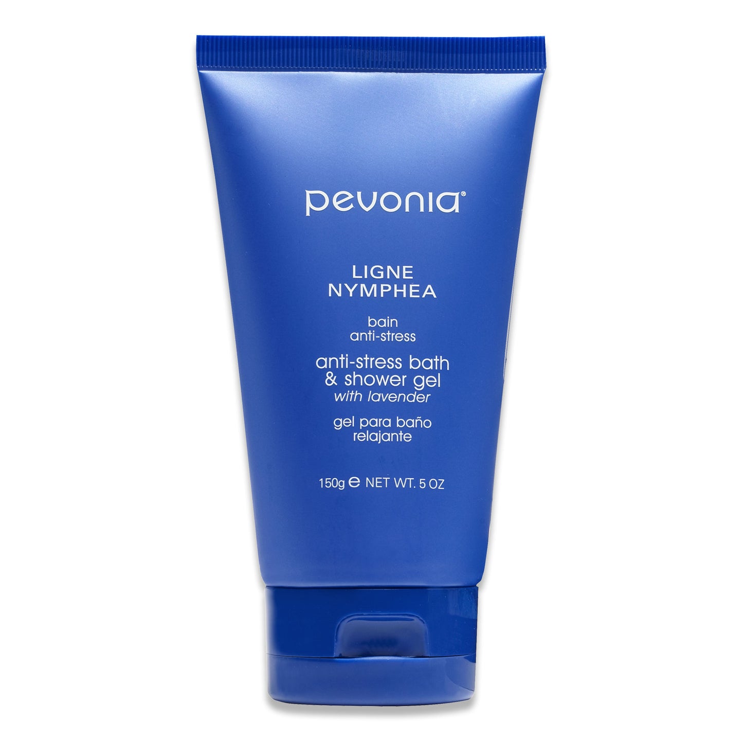 Blue tube of Pevonia anti-stress bath and shower gel on a white background