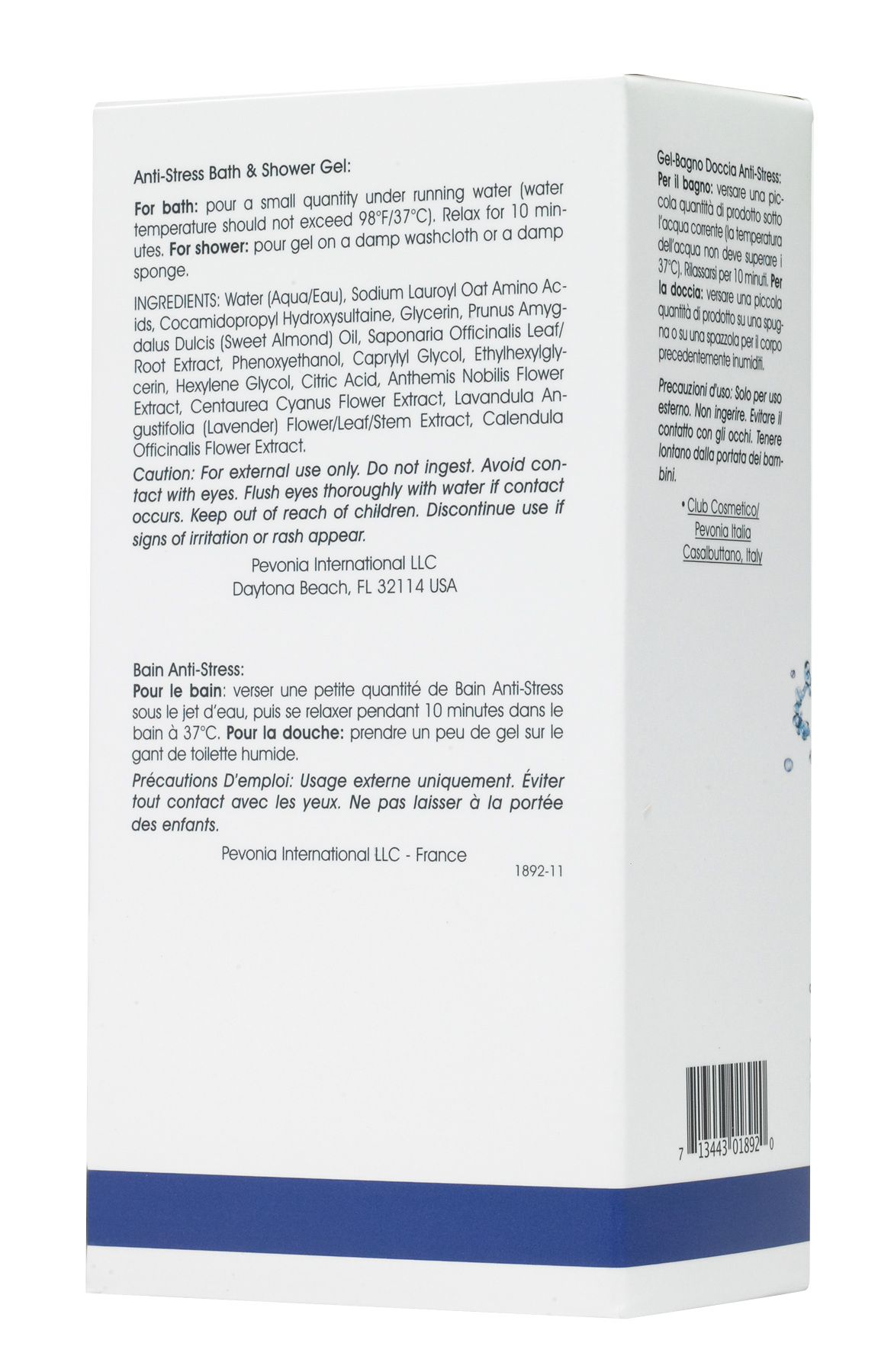 Back of a bath and shower gel packaging with text and a blue stripe.