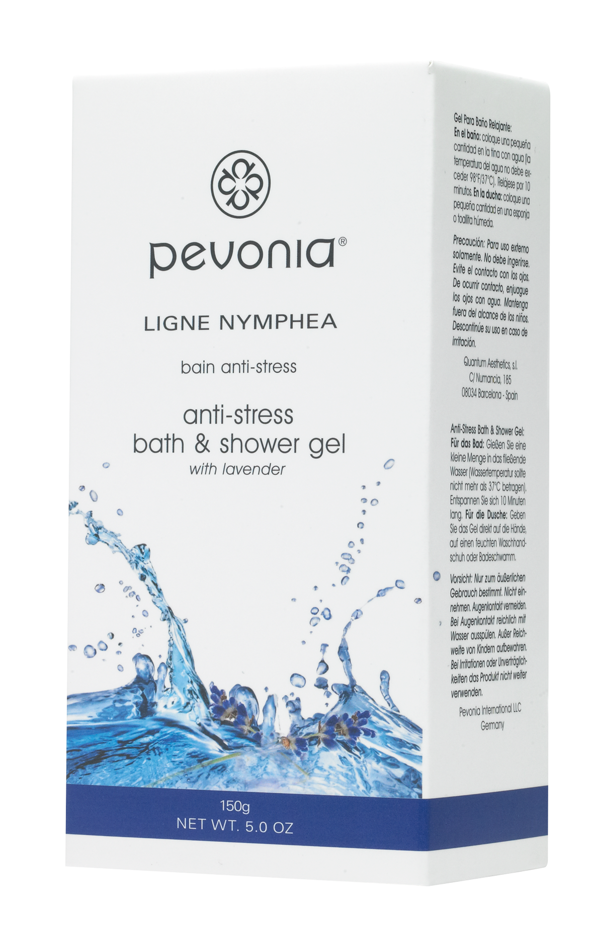 Pevonia anti-stress bath and shower gel packaging with water splash design on a white background