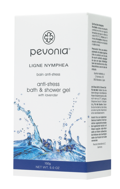 Pevonia anti-stress bath and shower gel packaging with water splash design on a white background