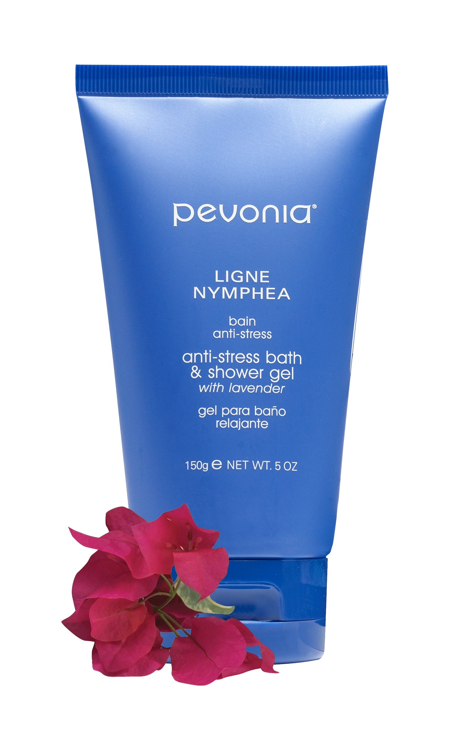 Pevonia Anti Stress shower gel bottle with red flower