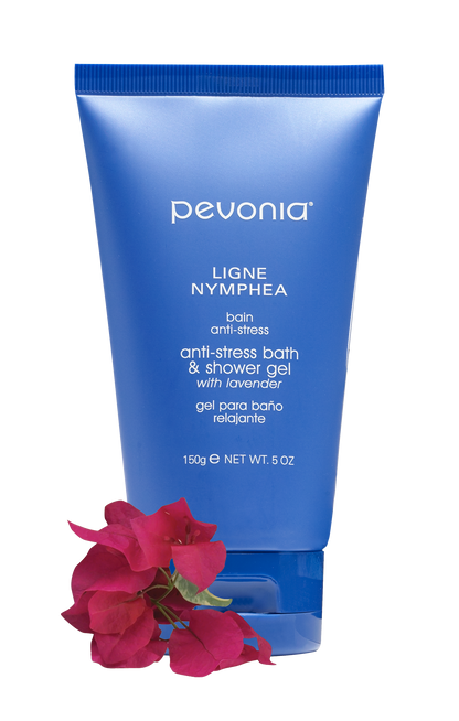 Pevonia Anti Stress shower gel bottle with red flower