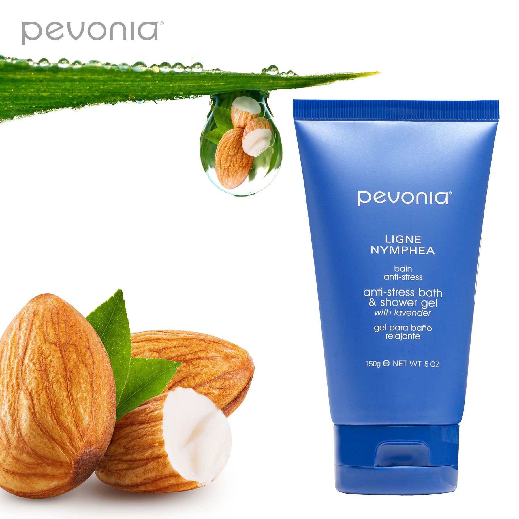 Pevonia anti-stress bath and shower gel with almonds and a leaf on a white background