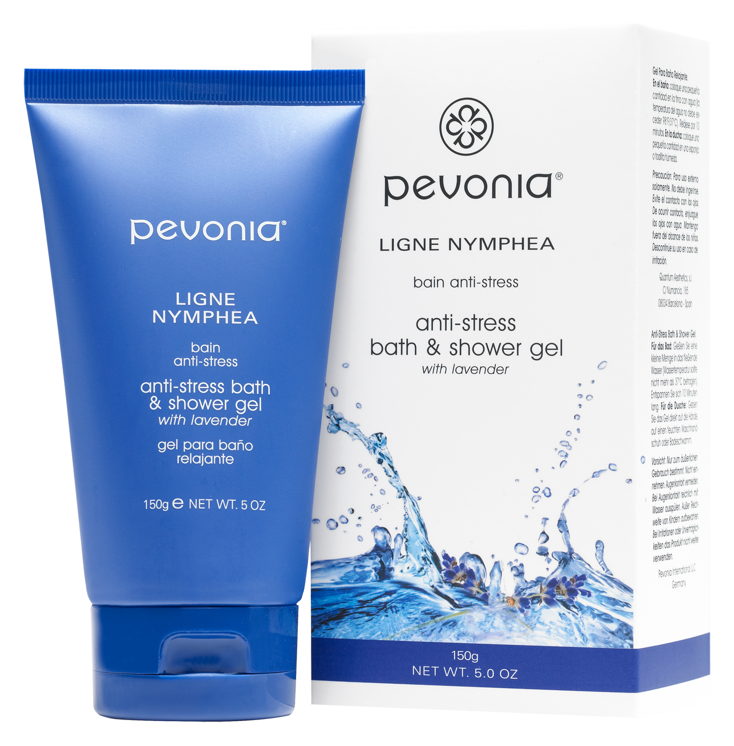 Pevonia anti-stress bath and shower gel with blue and white packaging on a white background