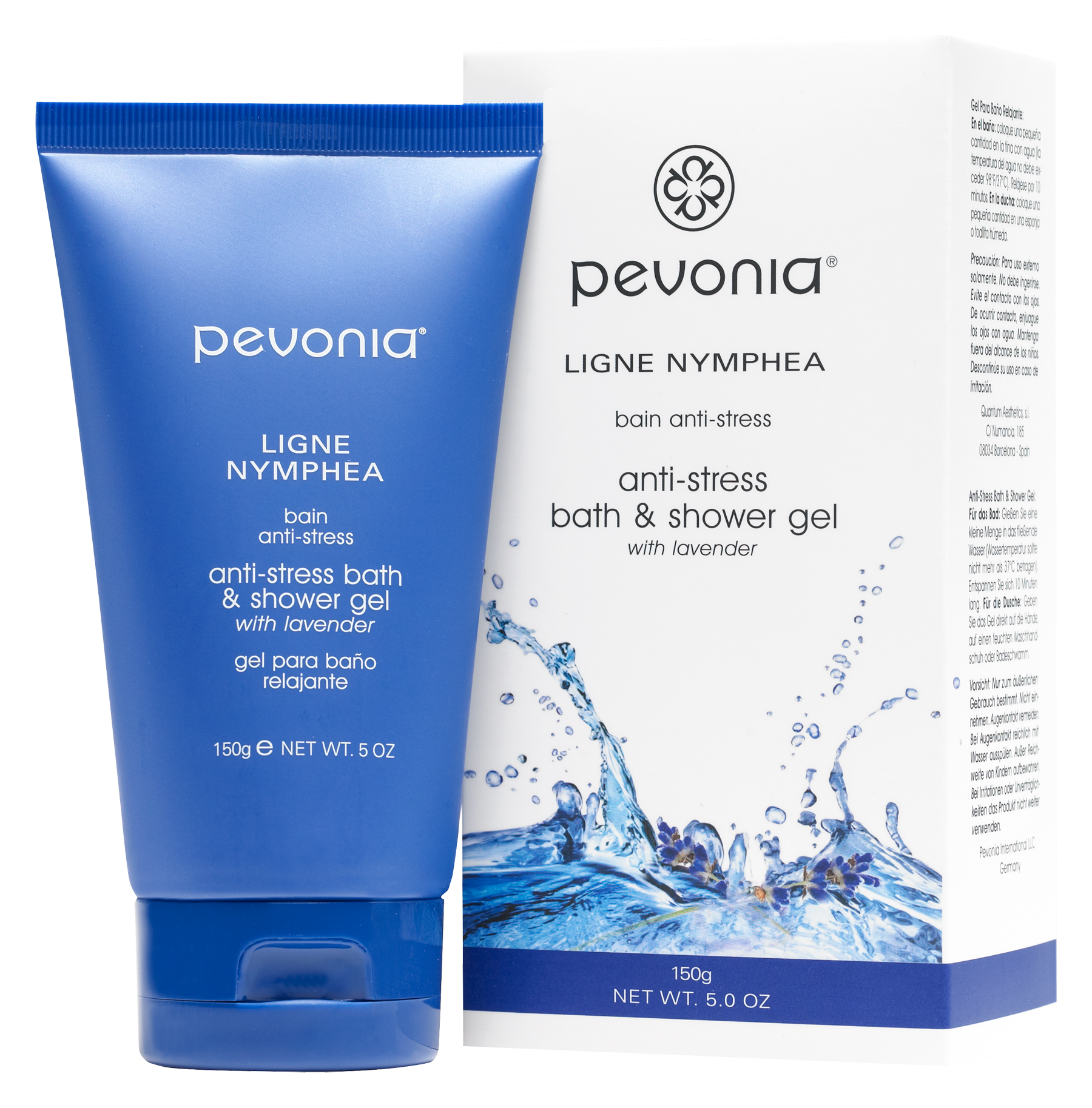Pevonia anti-stress bath and shower gel with blue and white packaging on a white background